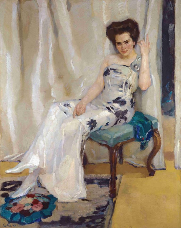 Cara Sophia Köhler, née Goldammer,Leo Putz,Oil Painting,Oil Painting, 1girl, solo, dress, sitting, curtains