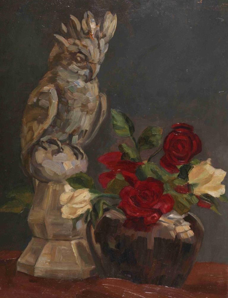 Der Kakadu,Leo Putz,Oil Painting,Oil Painting, flower, red flower, rose, no humans, red rose, owl, solo