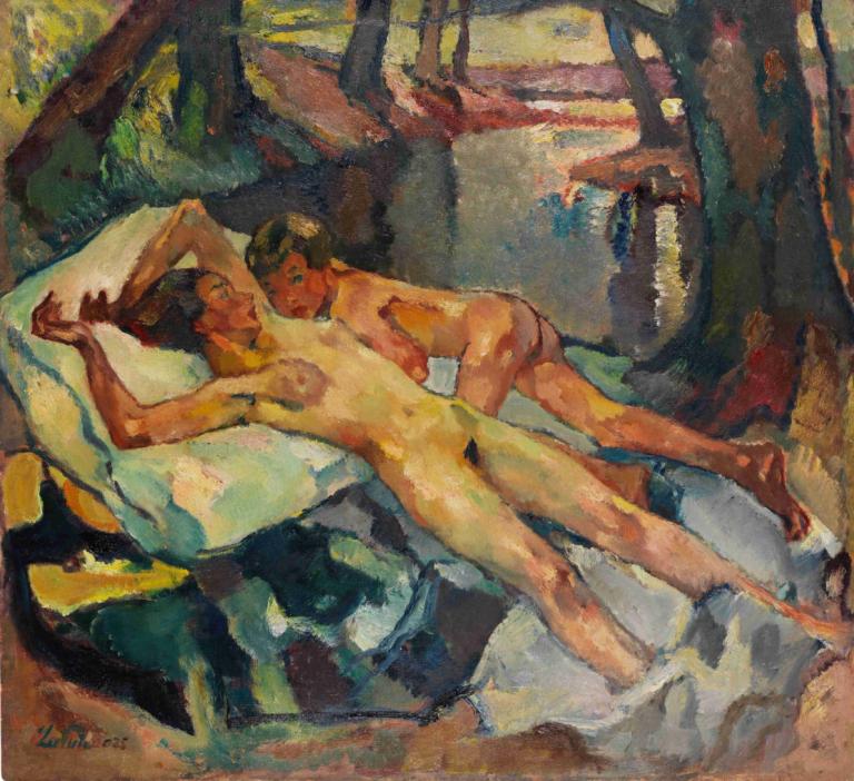 Ein Sommertag,Leo Putz,Oil Painting,Oil Painting, nude, 2girls, multiple girls, nipples, breasts, lying