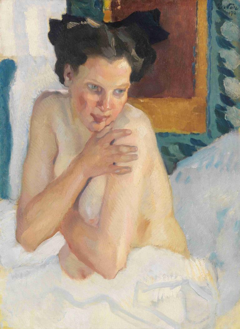 Erwachen (Sitzender Halbakt),Oppvåkning (sitter halvnaken),Leo Putz,Oljemaleri,Oljemaleri, solo, kunstparodi