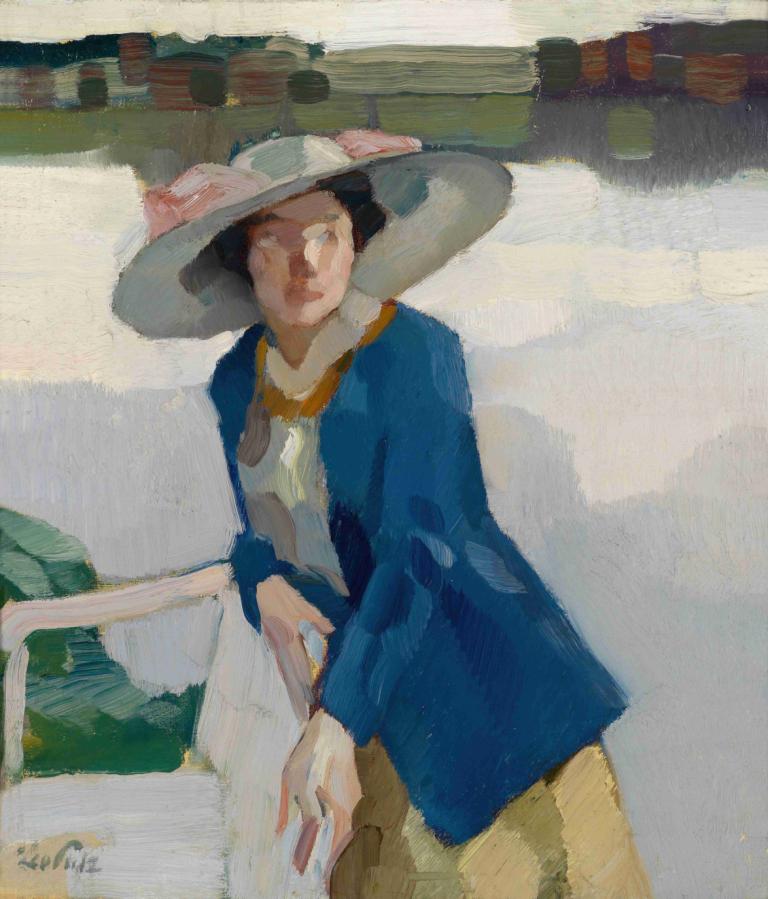 Frieda am Langenbürger See,Leo Putz,Oil Painting,Oil Painting, solo, hat, 1girl, shirt, jacket, short hair