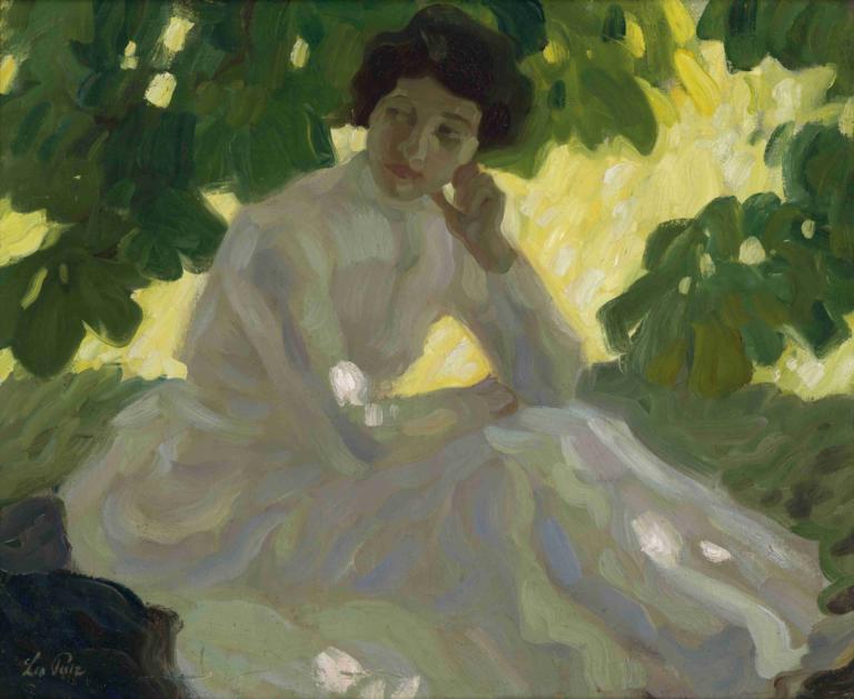 Heißer Tag,Leo Putz,Oil Painting,Oil Painting, 1girl, solo, dress, white dress, black hair, sitting