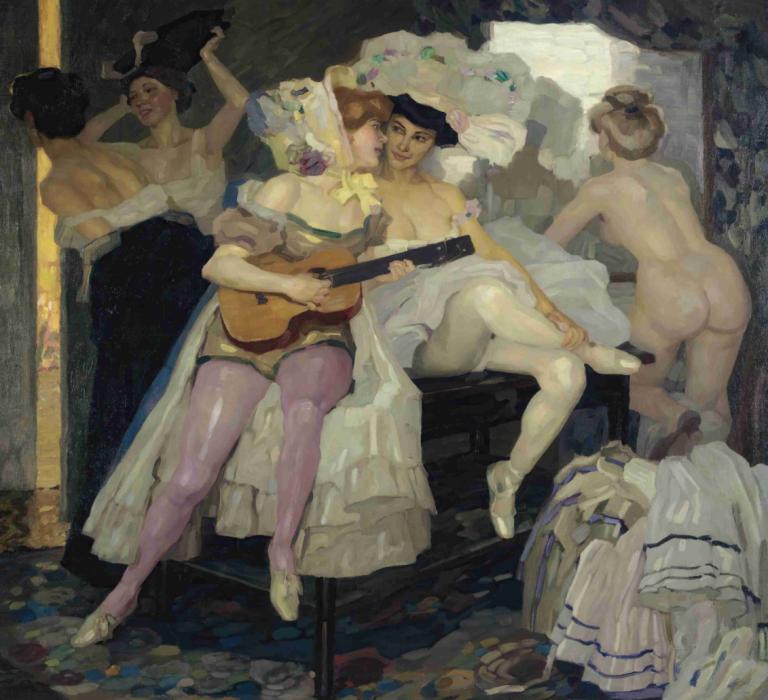 Hinter Den Kulissen (Behind The Scenes),Leo Putz,Oil Painting,Oil Painting, fine art parody, instrument, ass