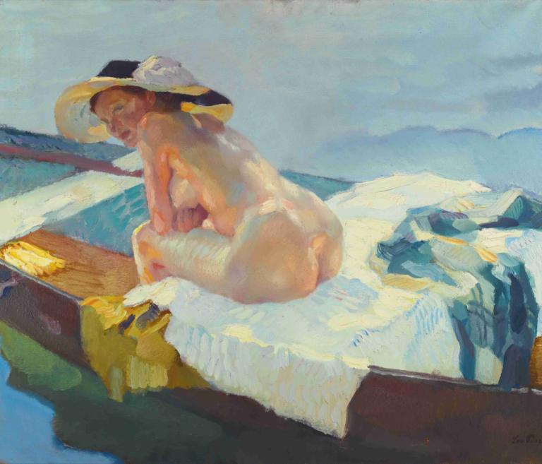 Im Kahn [The Rowboat],伊姆-卡恩[行船],Leo Putz,利奥-普茨,油画,油画, 1个女孩, 独奏, 帽子, 乳房, 绘画（中）, 传统媒体, 屁股, 美术模仿, 户外, 坐着, 长发, 内衣