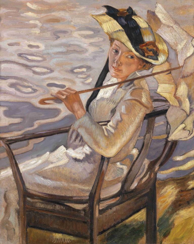 Im Sonnenlicht,Auringonvalossa,Leo Putz,Öljymaalaus,Öljymaalaus, 1 tyttö, kuvataideparodia, yksin, hattu