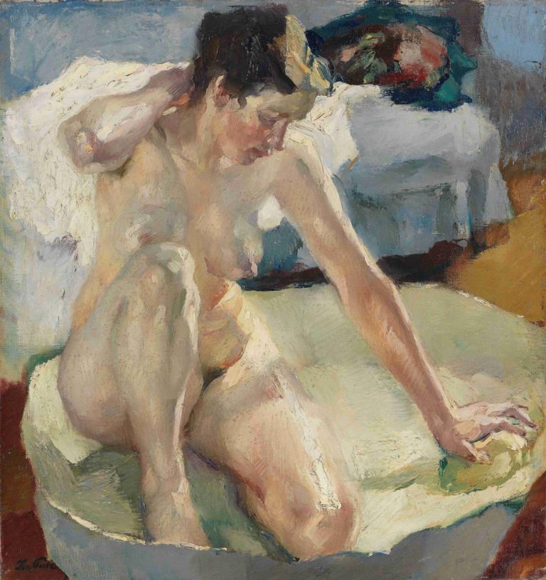 In der Badewanne II,Ve vaně II,Leo Putz,Olejomalba,Olejomalba, 1 dívka, akt, prsa, sólo, postel, sedící