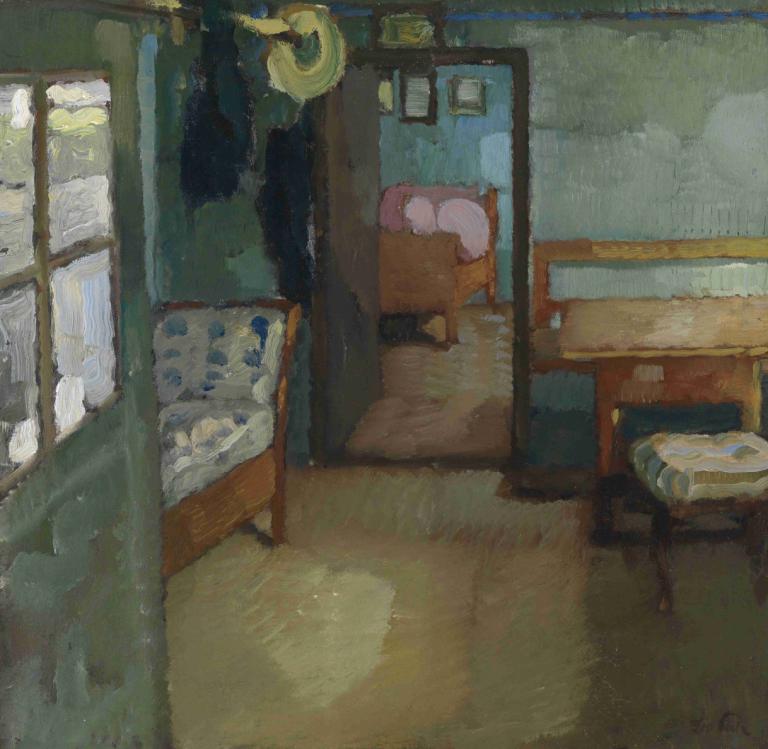 Interieur,Indre,Leo Putz,Oliemaleri,Oliemaleri, stol, indendørs, bord, ingen mennesker, vindue, dør, landskab