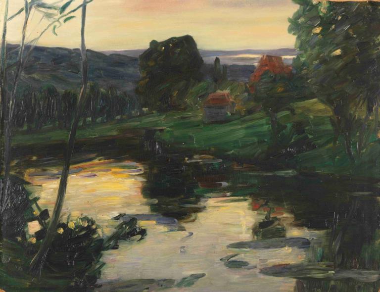 Landschaft an den Osterseen,イースター湖の風景,Leo Putz,レオ・プッツ,油絵,油絵, 人間がいない, 屋外, 景色, 従来のメディア, 自然, 木, 水, 空, 草, 絵画（中）, 川