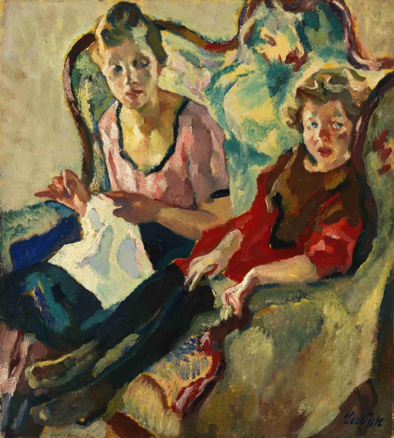 Lisl und Buberl,Leo Putz,Oil Painting,Oil Painting, multiple girls, sitting, brown hair, traditional media