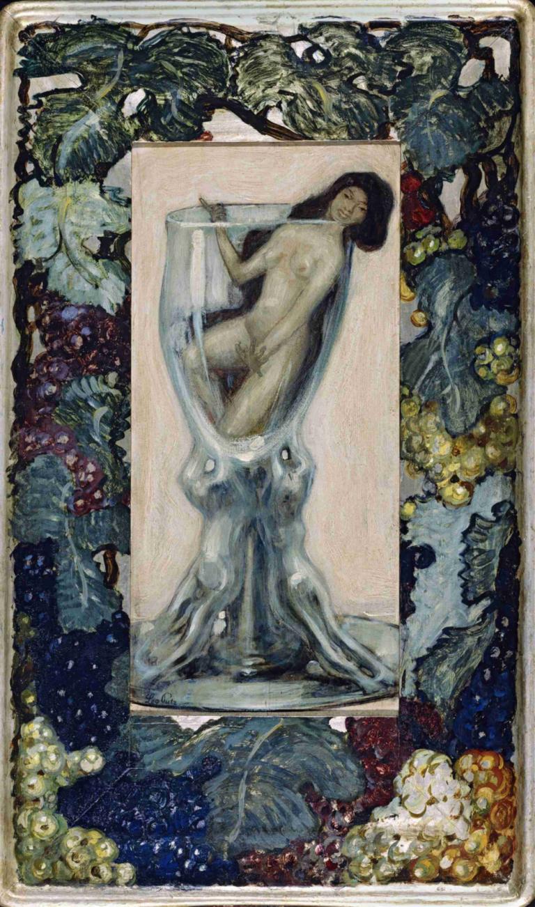 Mädchen im Glas,Pige i glasset,Leo Putz,Oliemaleri,Oliemaleri, nøgen, solo, 1 pige, blomst, sort hår