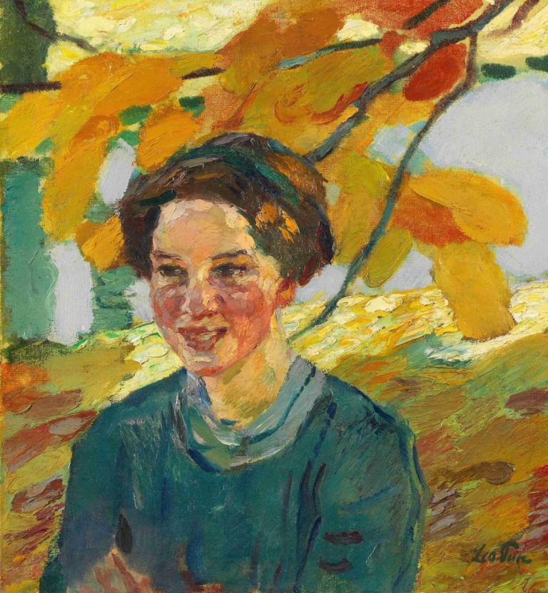 Mädchenporträt,Leo Putz,Oil Painting,Oil Painting, solo, 1boy, male focus, brown hair, upper body, leaf