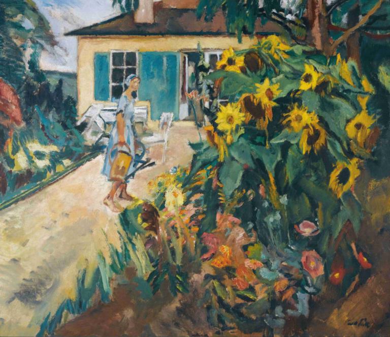 Mein Garten (My Garden),Leo Putz,Oil Painting,Oil Painting, flower, sunflower, 1girl, hat, outdoors