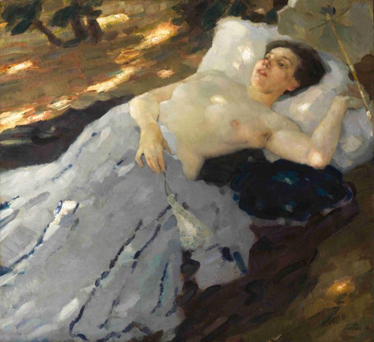 Midsummer,Midsommer,Leo Putz,Oliemaleri,Oliemaleri, solo, 1 pige, brystvorter, realistisk, kunstparodi