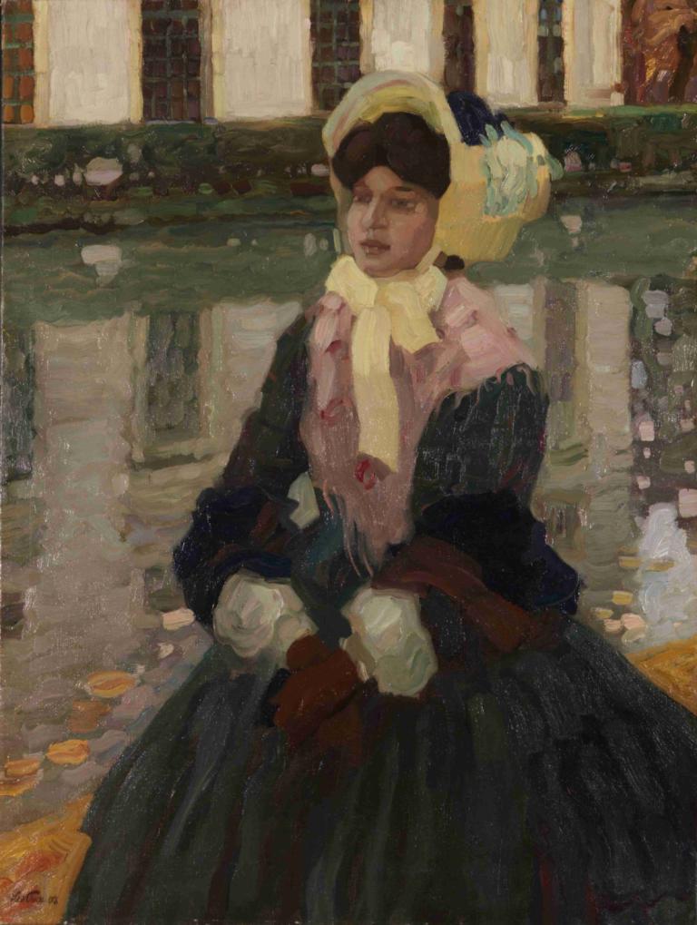 Porträt Veronika Kirmaier im Schleissheimer Garten,Leo Putz,Oil Painting,Oil Painting, 1girl, bonnet, dress