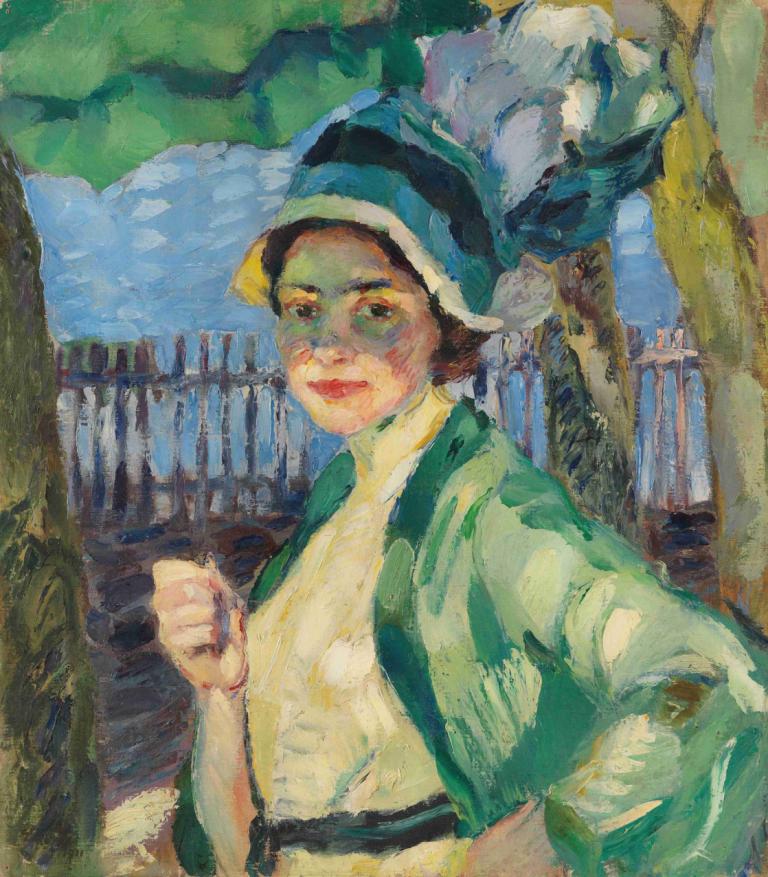 Porträt einer Dame unter grünem Schirm (Frieda Blell),Leo Putz,Oil Painting,Oil Painting, solo