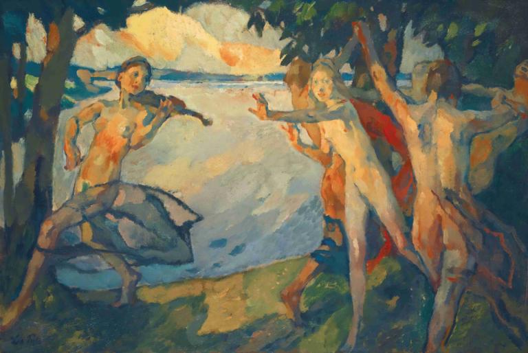 Reigen ,Leo Putz,Oil Painting,Oil Painting, nude, multiple boys, tree, multiple girls, outdoors