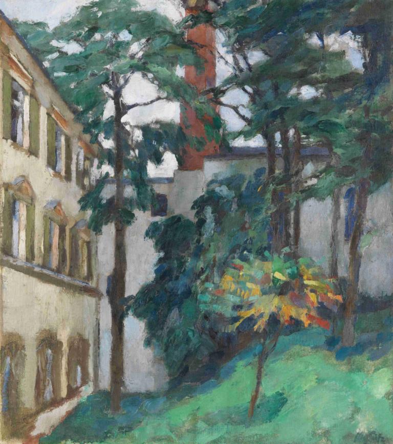 Schlosshof,Slotsgård,Leo Putz,Oliemaleri,Oliemaleri, træ, ingen mennesker, udendørs, landskab