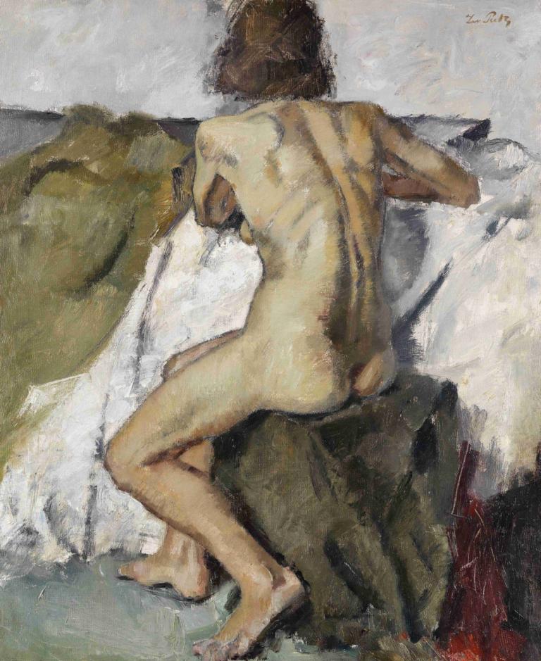 Sitzender weiblicher Rückenakt,Leo Putz,Ölgemälde,Ölgemälde, nackt, Arsch, braune Haare, Solo, Kunstparodie