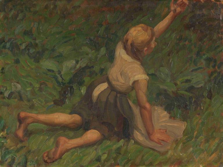 Studie zu Aschenbrödel,Studie om Askungen,Leo Putz,Oljemålning,Oljemålning, barfota, solo, regn, 1 tjej, gräs