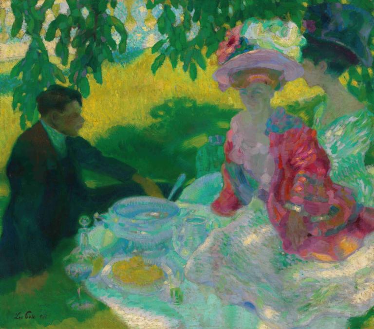 The picnic,Das Picknick,Leo Putz,Ölgemälde,Ölgemälde, Hut, Tisch, Essen, Blume, Sitzung, Kleid, draußen