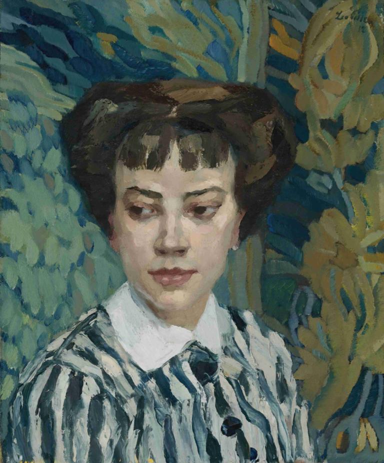 Tico Mewes,Leo Putz,Ölgemälde,Ölgemälde, 1Mädchen, Solo, gestreift, Hemd, gestreiftes Hemd, braune Haare