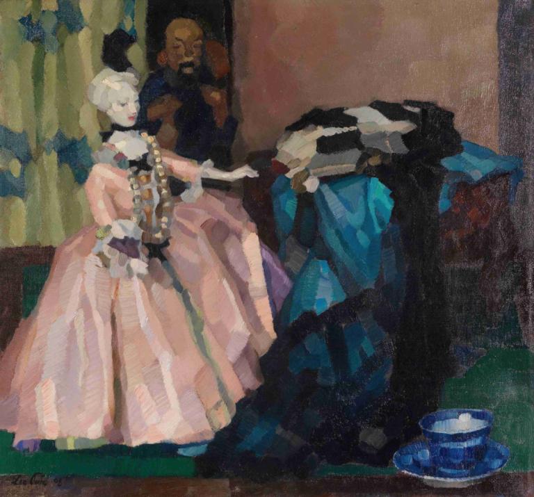 Weiße Puppe,Leo Putz,Ölgemälde,Ölgemälde, Kleid, 1Mädchen, Kunstparodie, Vorhänge, 1Junge, Handschuhe