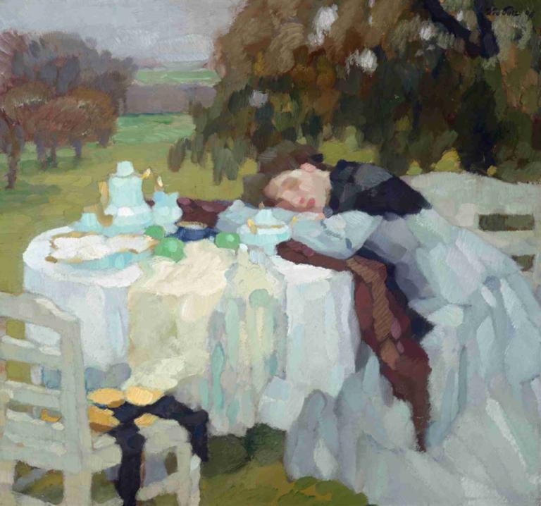 late autumn,Leo Putz,Oil Painting,Oil Painting, table, outdoors, chair, tree, tablecloth, dress, long sleeves