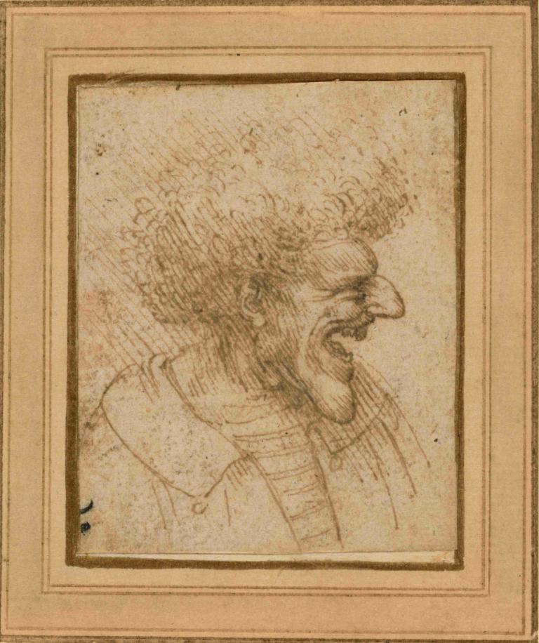 Caricature of a Man with Bushy Hair,Leonardo da Vinci,Sketch,Sketch, 1boy, male focus, solo, monochrome