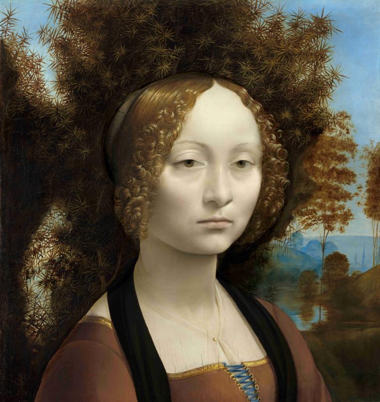 Ginevra de’ Benci (obverse),Leonardo da Vinci,Oil Painting,Oil Painting, 1girl, solo, tree, brown hair