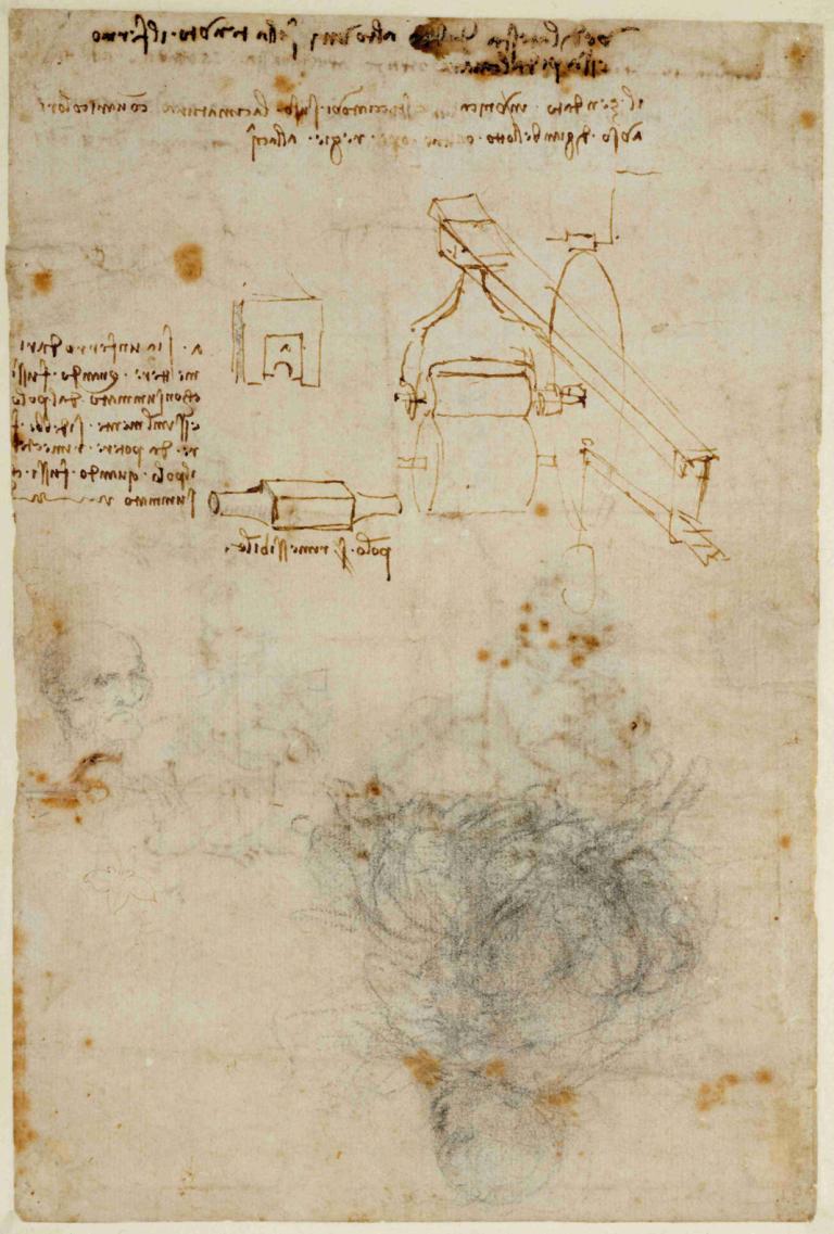 Head of an Old Man, and Studies of Machinery,Leonardo da Vinci,Sketch,Sketch, english text, monochrome, 1girl