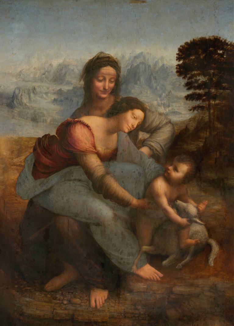 The Virgin and Child with St. Anne,圣母子与圣安妮,Leonardo da Vinci,达芬奇,油画,油画, 独奏, 1个女孩, 传统媒体, 实际的, 黑发, 痣, 长发, 肖像