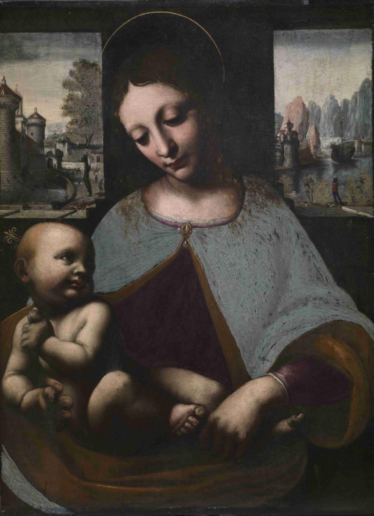 Virgin and Child,圣母和圣婴,Leonardo da Vinci,达芬奇,油画,油画, 美术模仿, 婴儿, 实际的, 1个女孩, 假传统媒体, 戏仿, 多个男孩, 闭着眼睛, 光环, 1男孩, 坐着, 秃