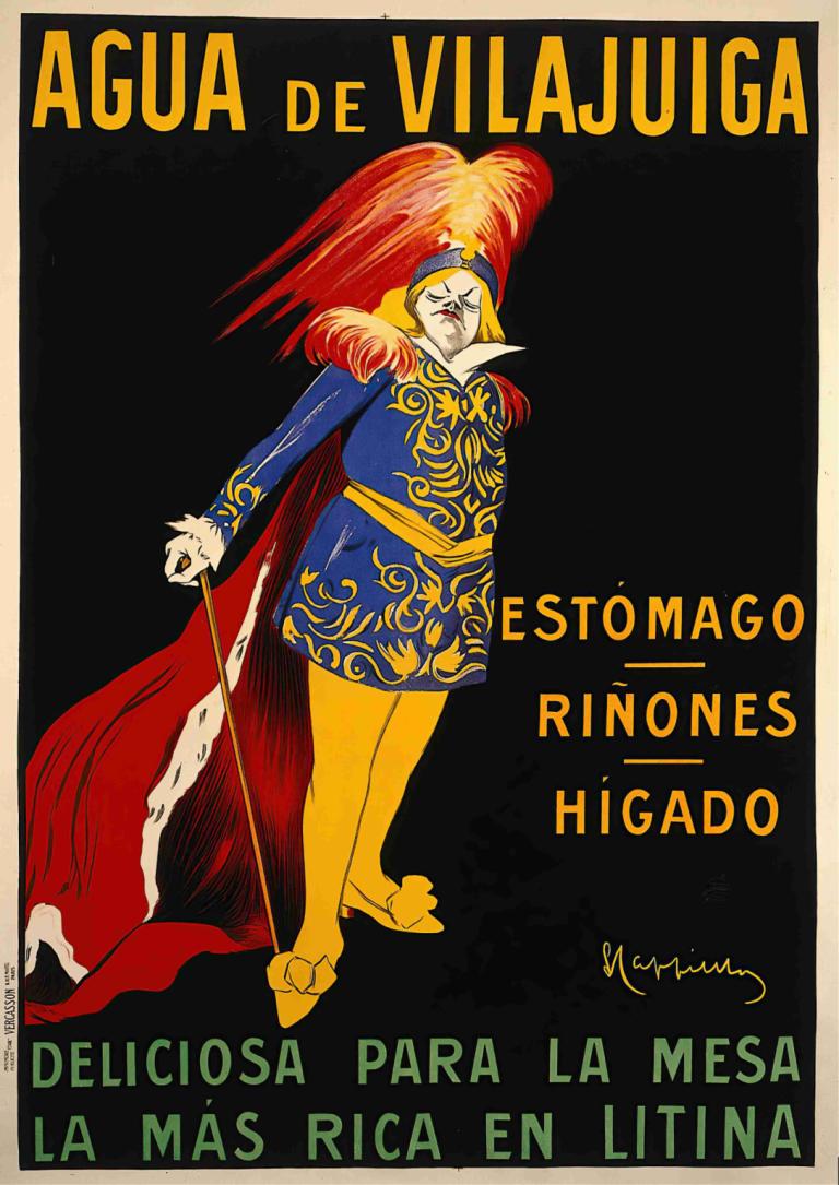 Agua De Vilajuïga,Vilajuïga 水,Leonetto Cappiello,莱昂内托-卡皮罗,插画,插画, 独奏, 岬, 1个女孩, 戏仿, 红斗篷, 英文文本, 黑色背景, 签名, 角色名字