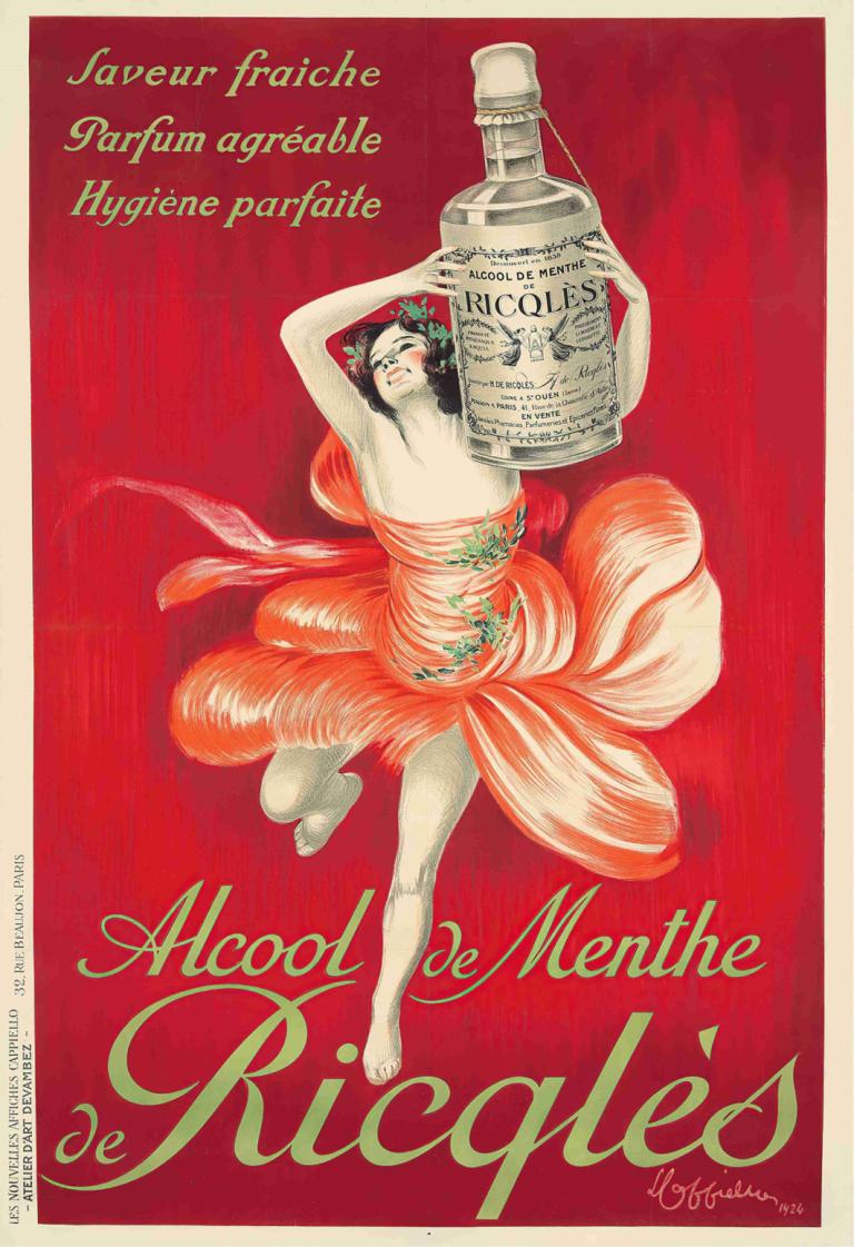 Alcool De Menthe Ricqlès,Leonetto Cappiello,莱昂内托-卡皮罗,插画,插画, 1个女孩, 独奏, 花, 英文文本, 黑发, 赤脚, 裙子, 发花, 红色背景, 微笑, 发饰