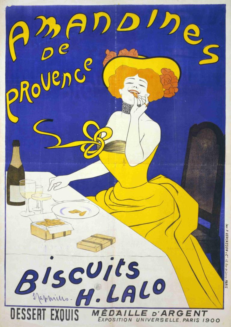 Amandines de Provence.,Leonetto Cappiello,Illustration,Illustration, 1girl, dress, solo, hat, alcohol, food