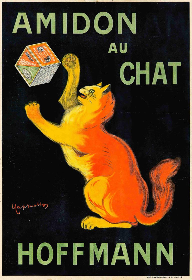 Amidon Au Chat,Leonetto Cappiello,Illustration,Illustration, no humans, english text, looking up, solo