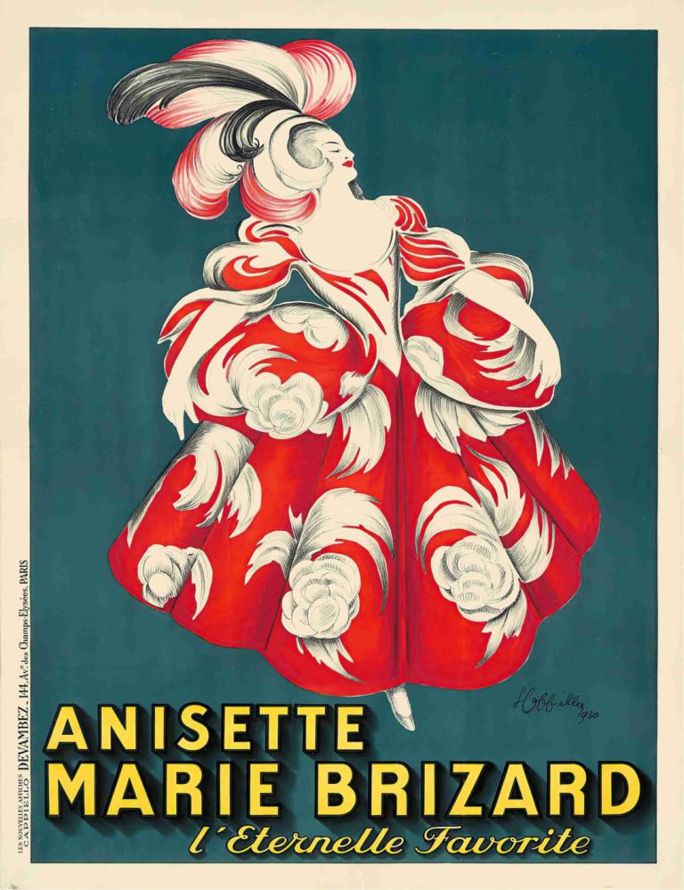 Anisette Marie Brizard,玛丽-布里扎尔-阿尼塞特,Leonetto Cappiello,莱昂内托-卡皮罗,插画,插画, 1个女孩, 独奏, 闭着眼睛, 裙子, 羽毛, 红色礼服, 英文文本, 轮廓