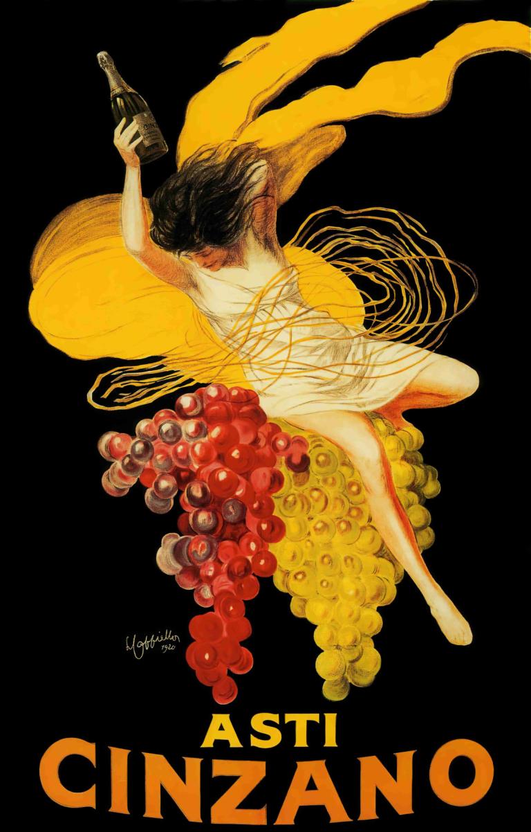 Asti Cinzano,Leonetto Cappiello,Illustration,Illustration, 1girl, solo, food, fruit, dress, grapes, bottle