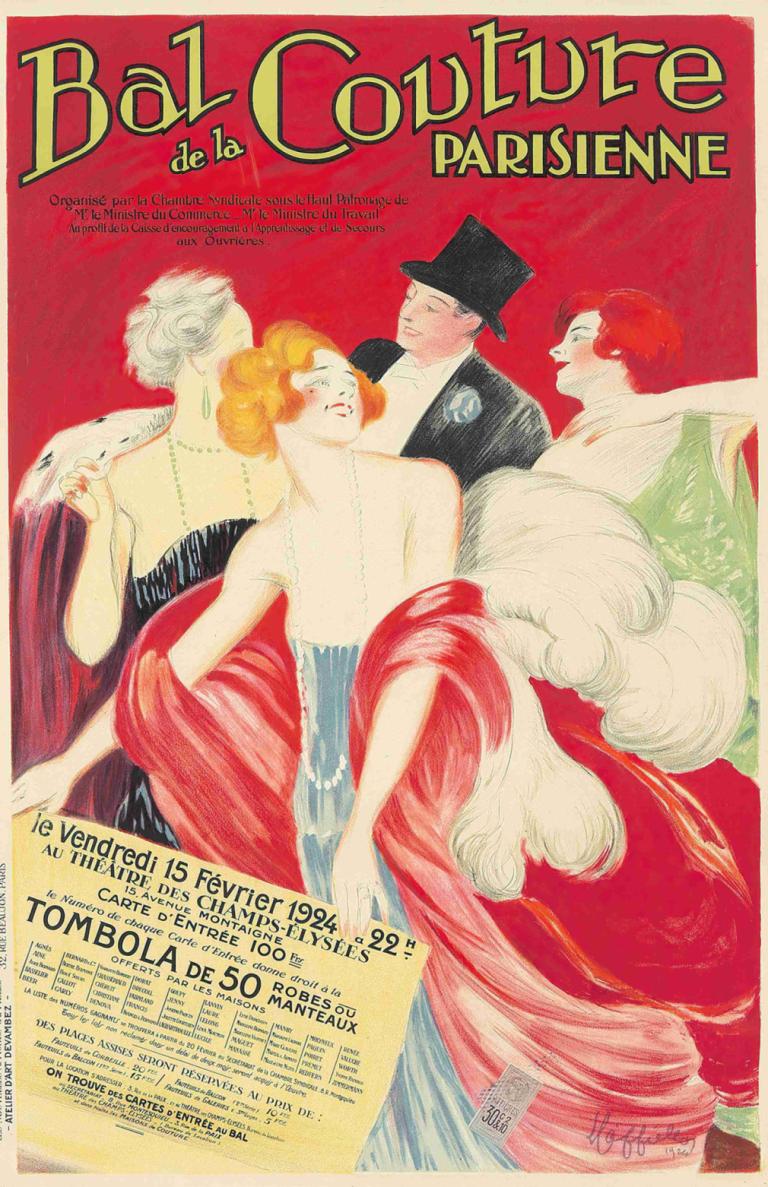 Bal de la Couture Parisienne,Pařížský Couture Ball,Leonetto Cappiello,Ilustrace,Ilustrace, více dívek, šaty