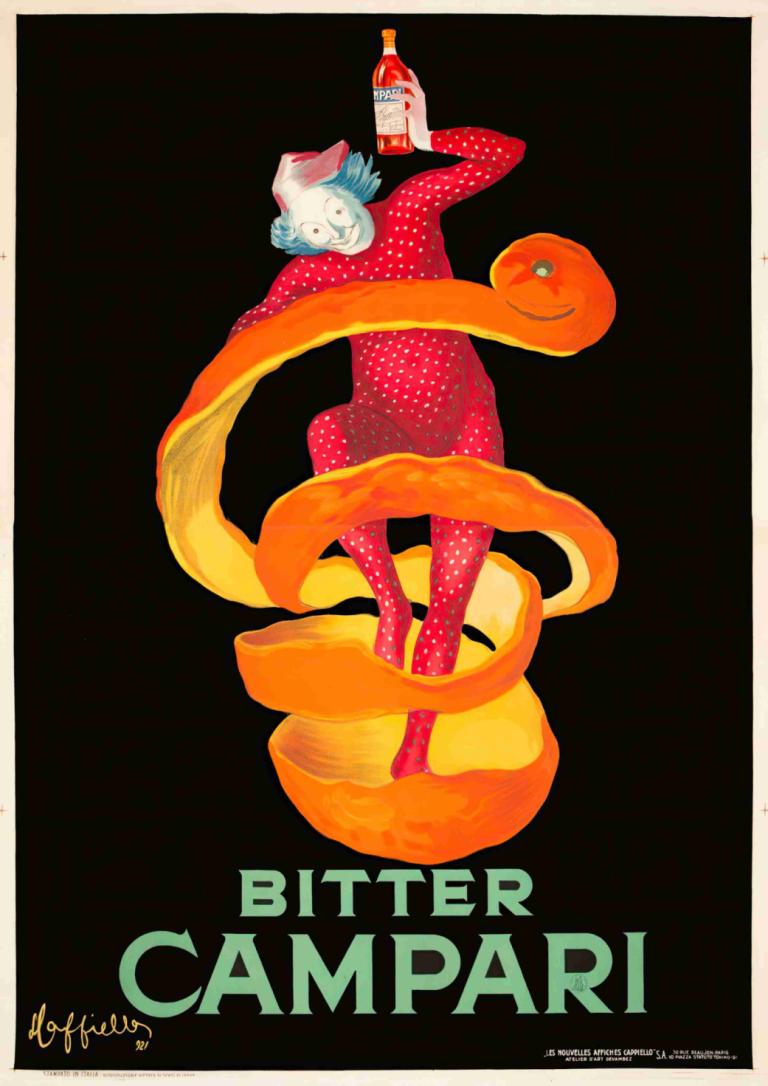 Bitter Campari,Leonetto Cappiello,Ilustrație,Ilustrație, sticla, solo, 1 fata, buline, Fundal negru