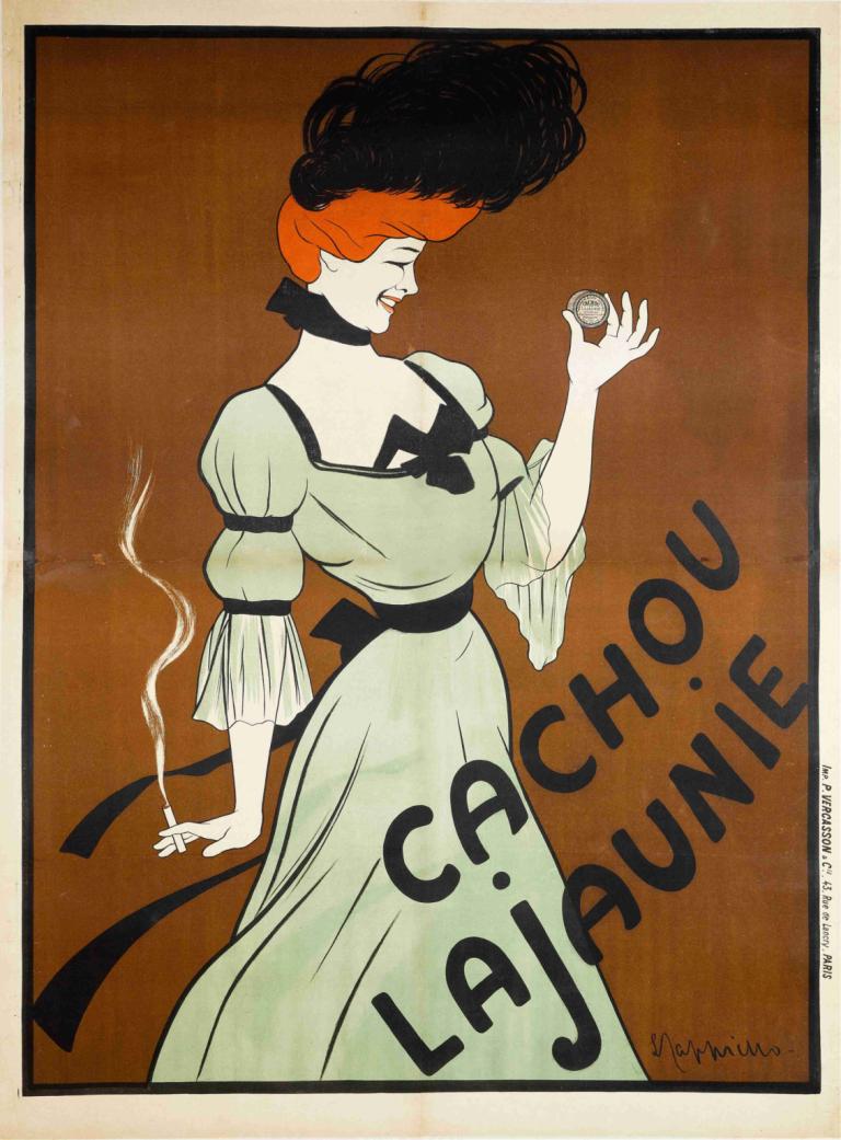 CACHOU  LAJAUNIE,CACHOU LAJAUNIE,Leonetto Cappiello,Ilustrație,Ilustrație, 1 fata, solo, rochie, ţigară