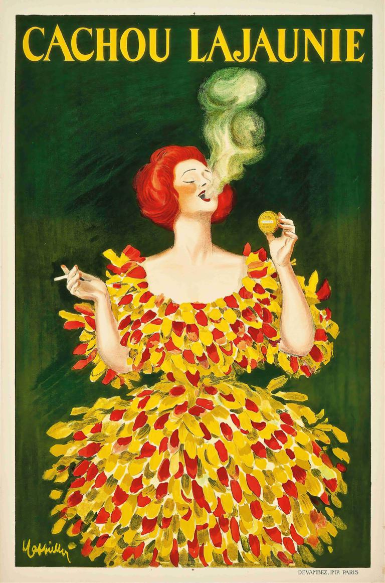 Cachou Lajaunie,Leonetto Cappiello,İllüstrasyon,İllüstrasyon, 1kız, limon, solo, meyve, sigara, yiyecek