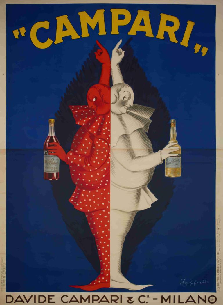 Campari,Leonetto Cappiello,İllüstrasyon,İllüstrasyon, şişe, 1 oğlan, solo, erkek odak, işaret etmek, parodi