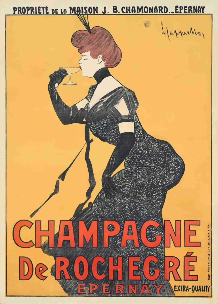 Champagne De Rochegré,シャンパーニュ・ド・ロシュグレ,Leonetto Cappiello,レオネット・カッピエッロ,イラスト,イラスト, 1女の子, ソロ, ドレス, 手袋, 黒いドレス