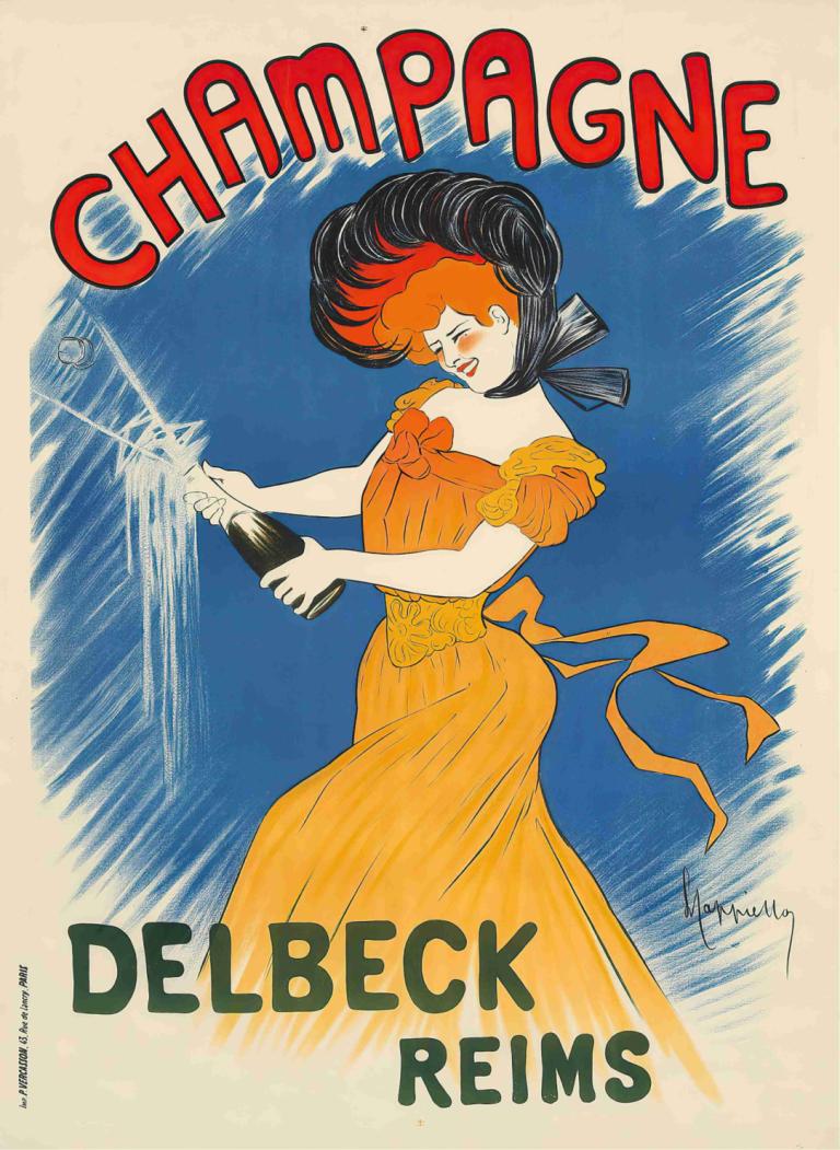 Champagne Delbeck,Şampanya Delbeck,Leonetto Cappiello,İllüstrasyon,İllüstrasyon, 1kız, elbise, solo