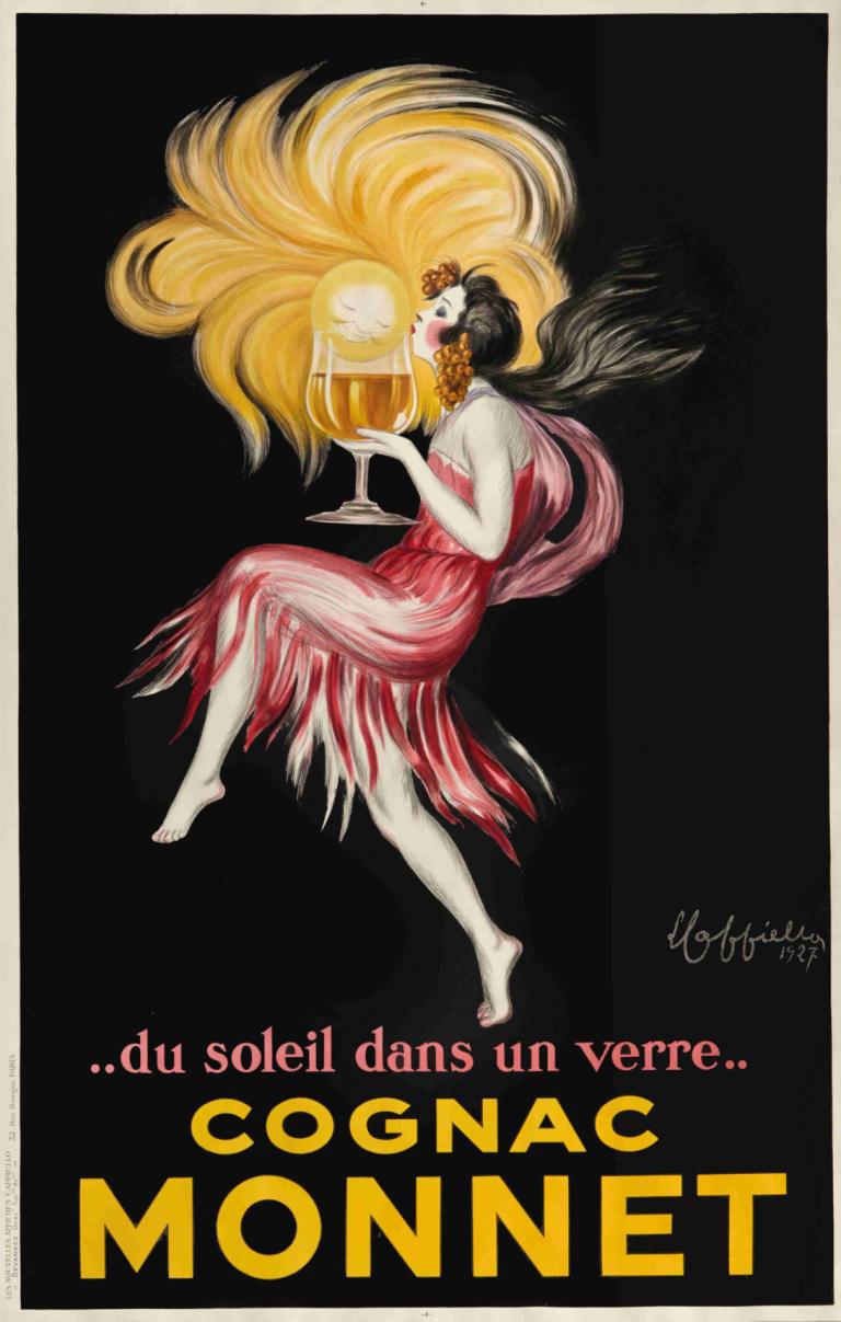 Cognac Monnet,Leonetto Cappiello,Abbildung,Abbildung, Kleid, barfuß, lange Haare, blondes Haar, 1Mädchen