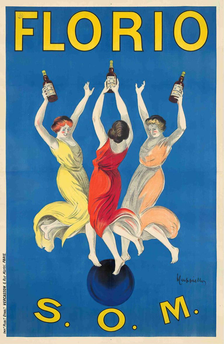 Florio,Leonetto Cappiello,Ilustración,Ilustración, varias chicas, vestido, parodia, botella, varios chicos