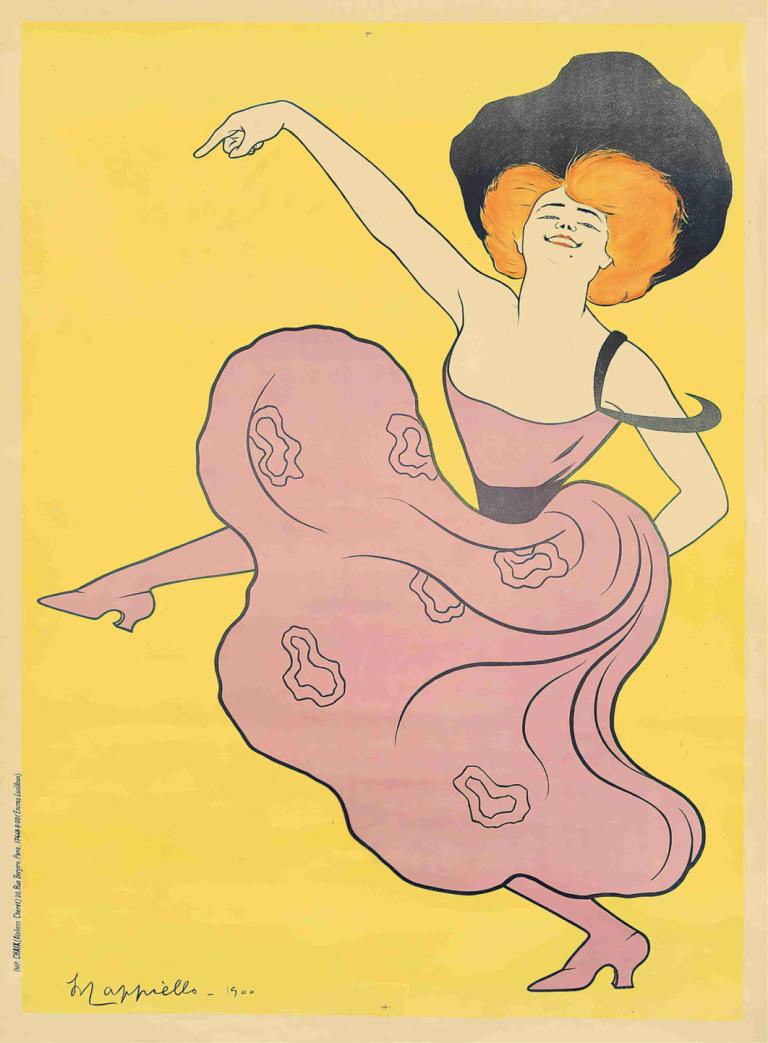 Folies-Bergère,Leonetto Cappiello,Ilustración,Ilustración, afro, 1 chica, solo, baile, vestido