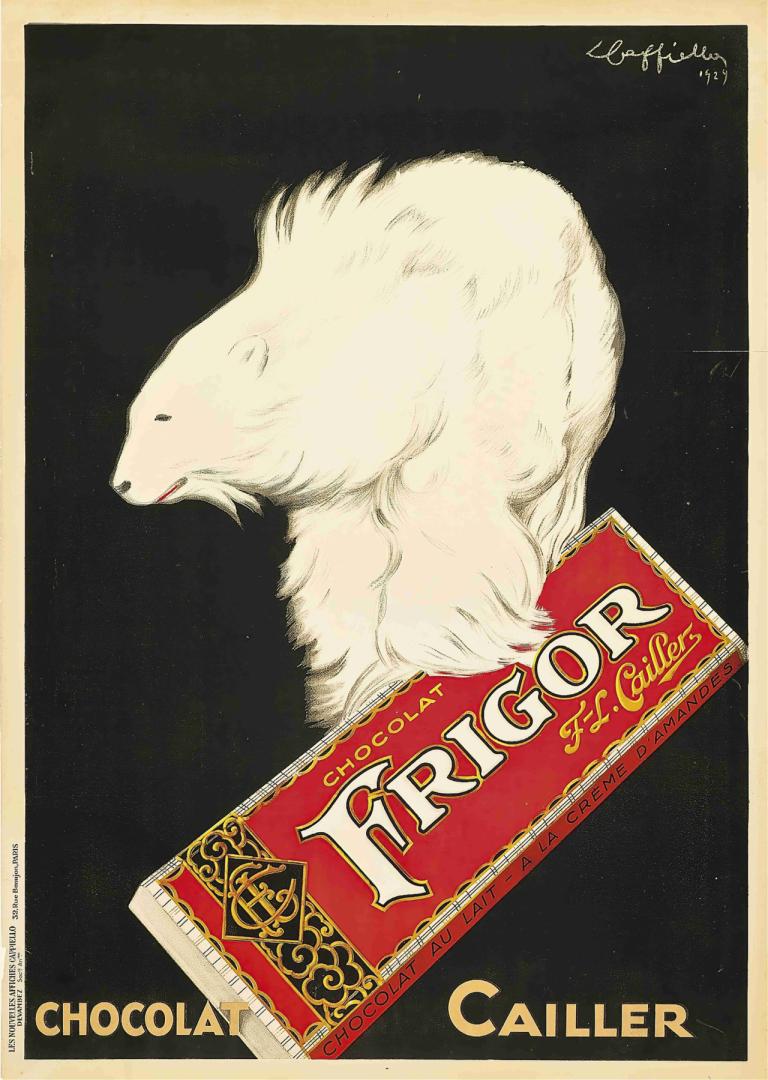 Frigor, Chocolat Cailler,Leonetto Cappiello,Abbildung,Abbildung, keine Menschen, schwarzer Hintergrund, Hund