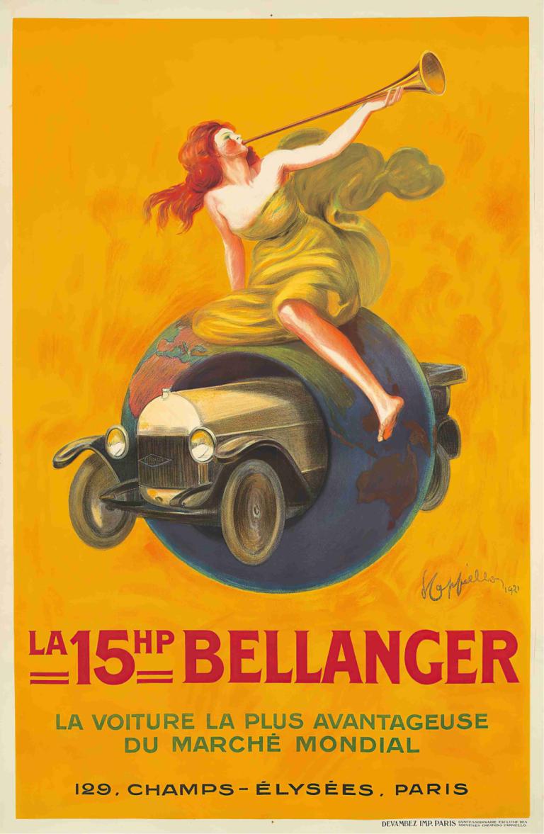 La 15hp Bellanger,Leonetto Cappiello,Abbildung,Abbildung, 1Mädchen, Kraftfahrzeug, Solo, Kleid, Bodenfahrzeug